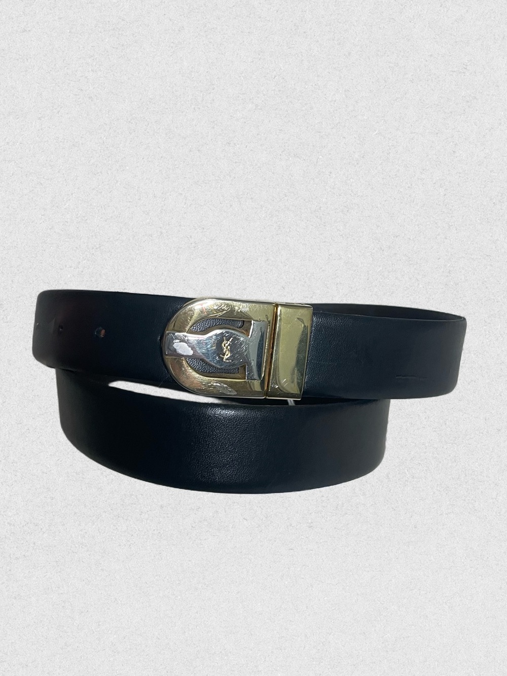 Vintage YSL Black & Brown Leather Men’s Belt with Gold-Tone Buckle